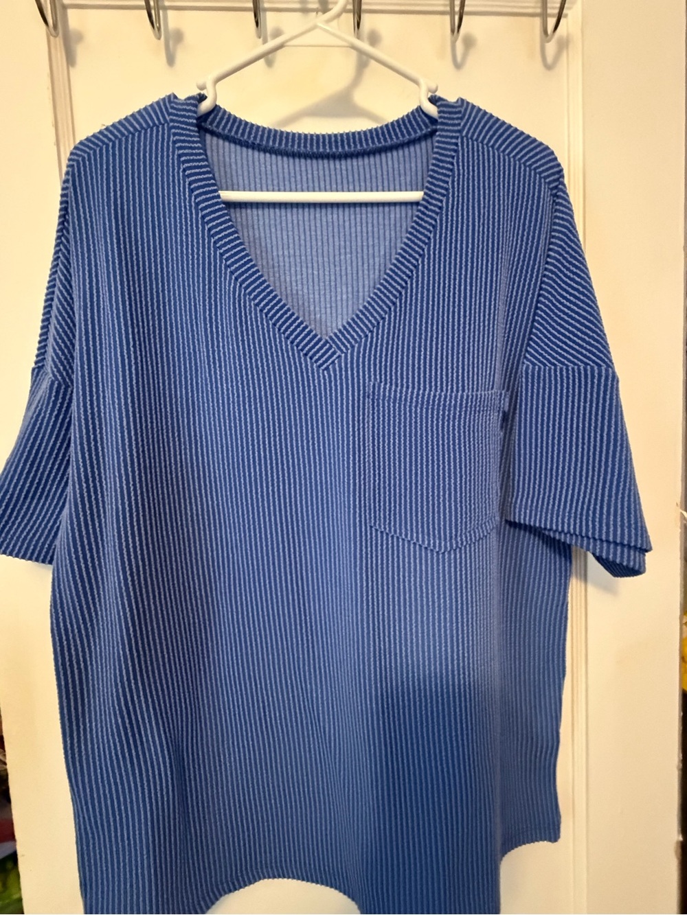 V-Neck Short Sleeve Ribbed Top - Blue